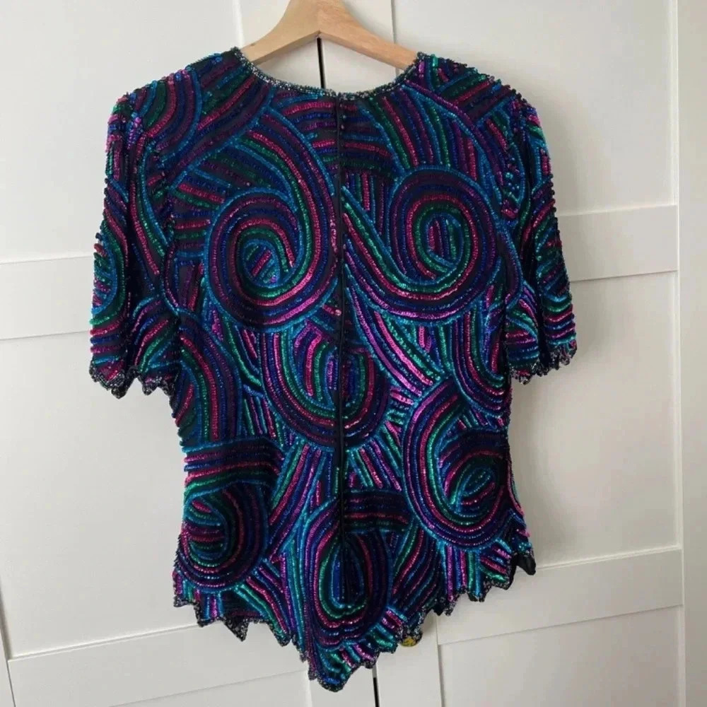 80’s Vintage Black With Colorful Sequins Silk Top Size M New Year’s Party Retro - Picture 5 of 12